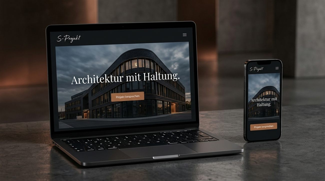 Designrichtung 2 — dunkel und markant, Darstellung auf Laptop und Smartphone